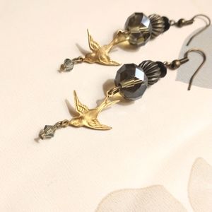 Drop Bronze Bird Earrings with Crystal